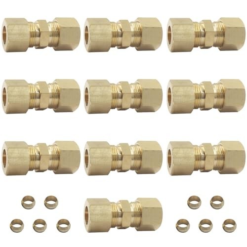 Aoserge Brass Compression Tube Fitting 3/8" OD x OD(10pcs), Gold
