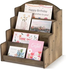 Greeting Card Display Stand, Wooden 4-Tier Postcard Display Stand Holder for Sti