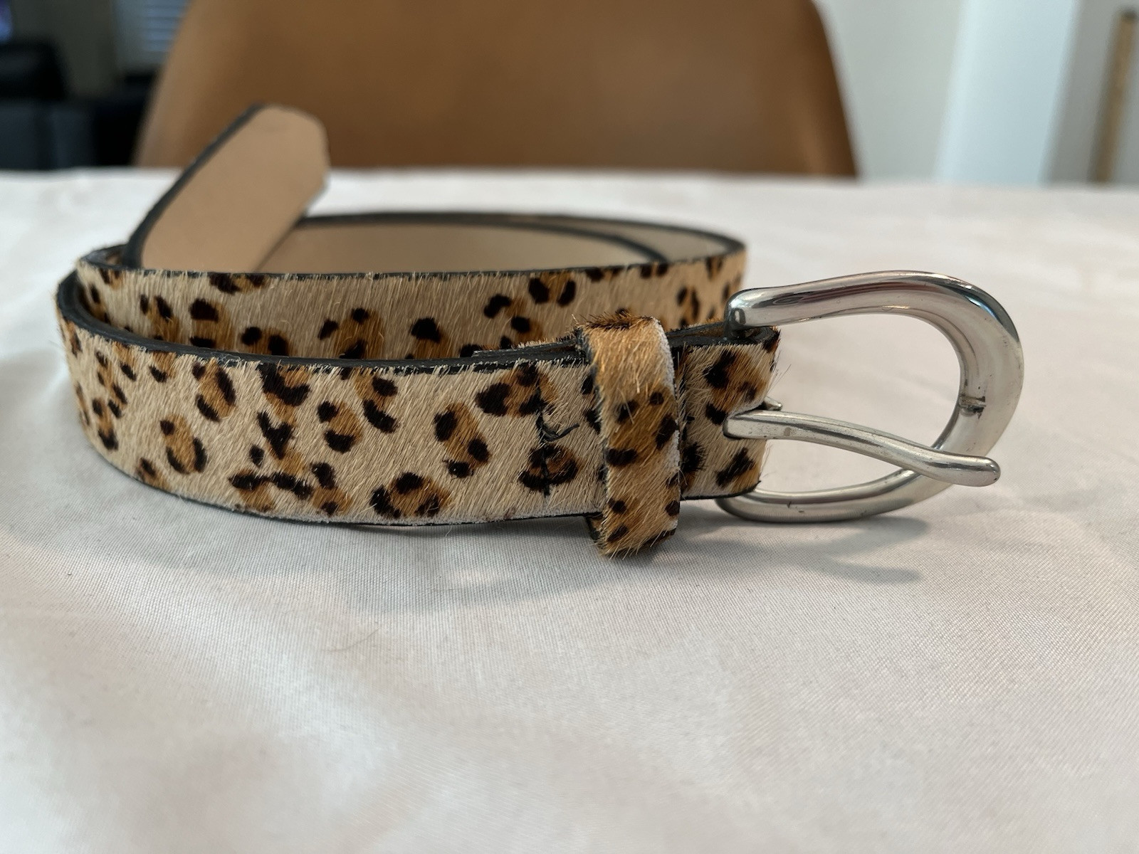 AL&C Leather & Calf Hair Belt Brass Leopard Print Buckle Tan  display picture 1