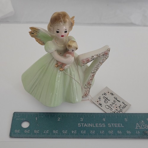 Josef Originals Birthday Angel #7 Figurine w/ Baby - Lime Green 1960s CUTE!! - Picture 8 of 10