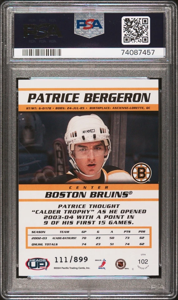 2003 Pacific Heads Up Patrice Bergeron #102 Rookie /899 PSA 9 Pop 2 Only1 Higher - Image 2 of 2