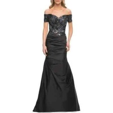 La Femme Black Floral Beaded Embroidered Off the Shoulder Mermaid Gown 4 639