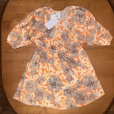NEW Band Of The Free Dolly Orange Floral Puff Sleeve Mini Dress Women's Med Boho