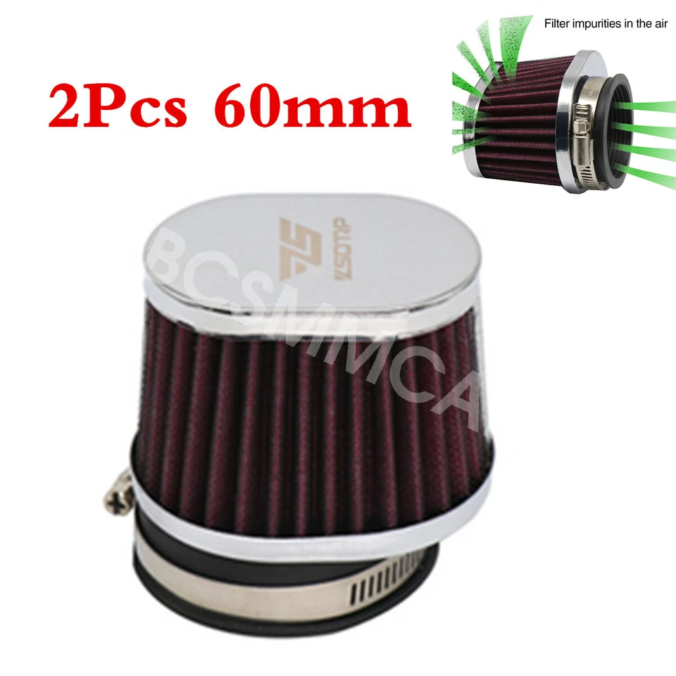 2PCS Motorcycle High Flow Cold Air Intake Cleaner Filter Pod Kit 60MM Washable — 第 2/4 张图片