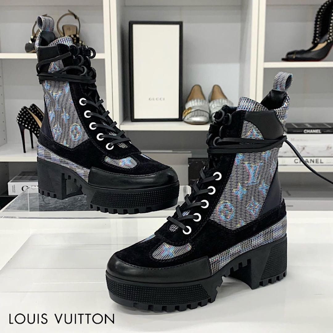 LOUIS VUITTON SC0169 Suede Leather Monogram Ankle Boots 34.5 Black X Multicolor