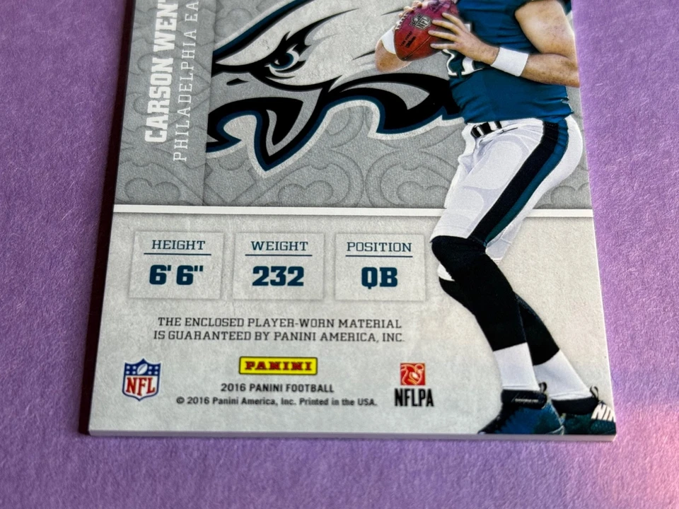 2016 Panini Carson Wentz #2 RC Squires Jerseys Player Worn Relic Eagles /Vikings - Image 4 of 4