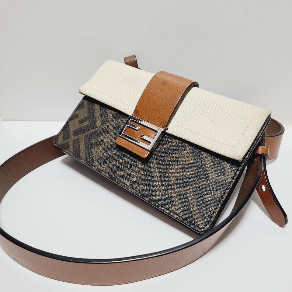 FENDI Baguette Slim Clutch Shoulder Bag Zucca FF White Brown Size 6.50 Inches