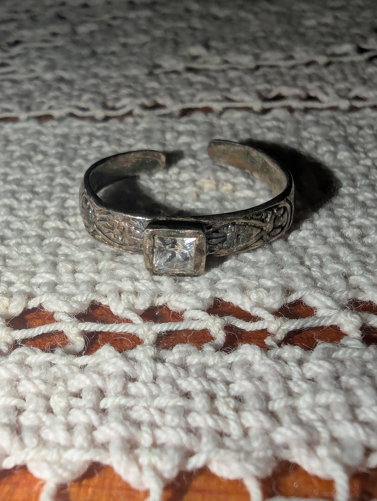 Vintage Silver Adjustable Ring with Square Clear … - image 2