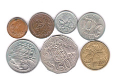 AUSTRALIA COIN SET; $1-1984, 50C-1976, 20C-1981, 10C-1983, 5C-1987, 2C &1C-1982