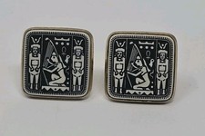 Vintage Egyptian Hieroglyphics Yellow Gold Plated Cuff Links