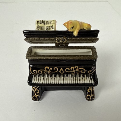 #ad Cat On Top Of Black Upright Piano Porcelain Hinged Trinket Box $22.99