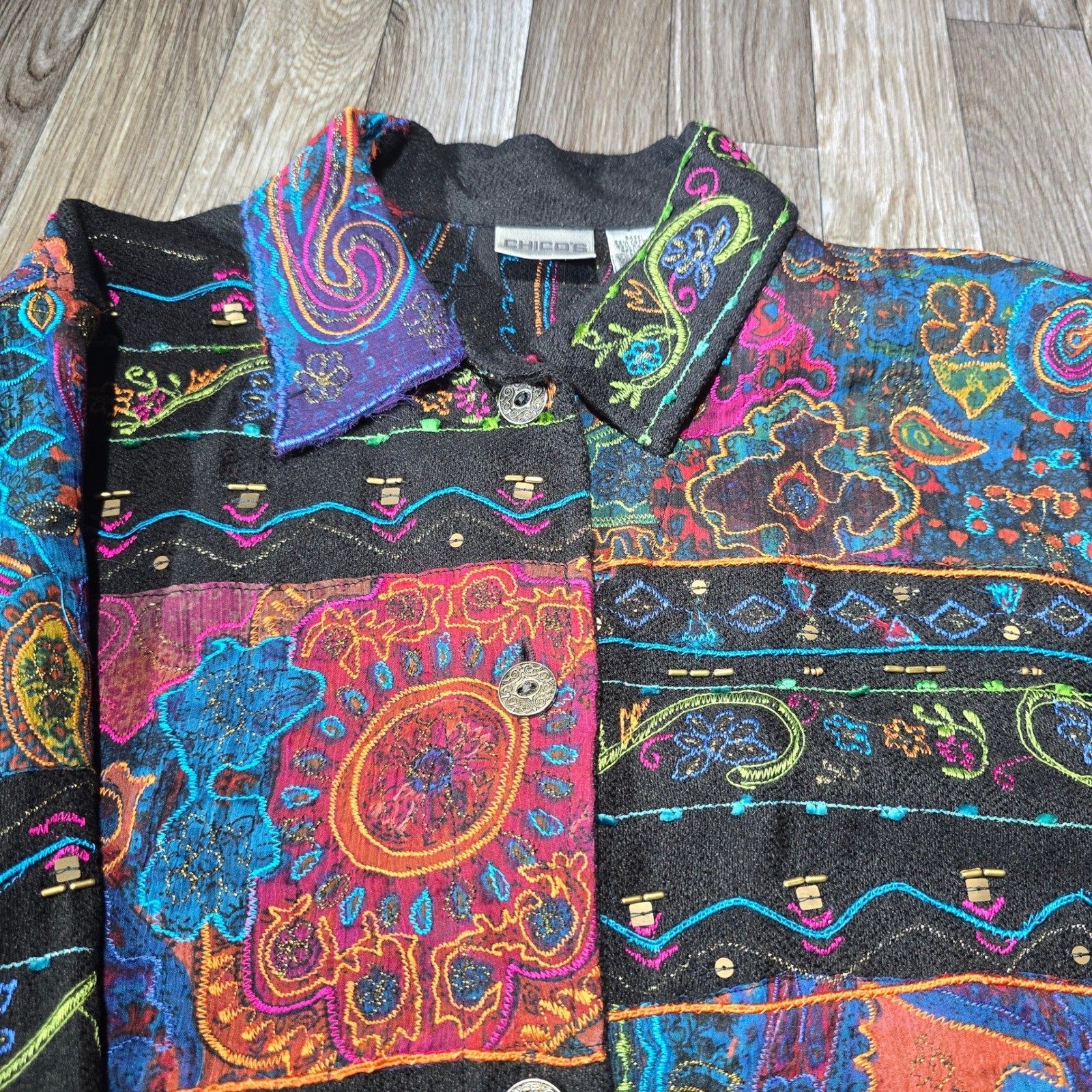 Chico's Colorful Patchwork Embellished Blazer Art to Wear Chico's Size2 US Large