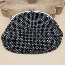 Vtg Black Beaded Rhinestone Mesh Made in France Evening Holiday Party Bag Clutch