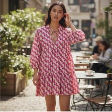 Zara Cadie Geometric Long Sleeve Tiered ALine Smock Dress Pink/Cream XS Boho