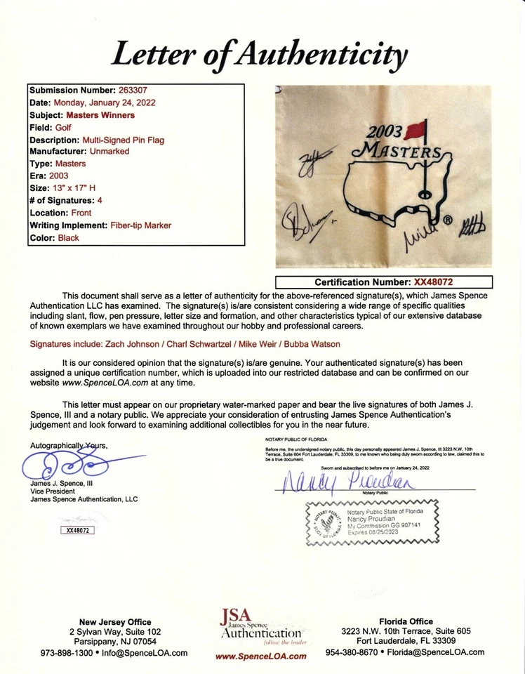 Bubba Watson Mike Weir Zach Johnson Schwartzel signed 2003 Masters flag JSA LOA - Image 2 of 2