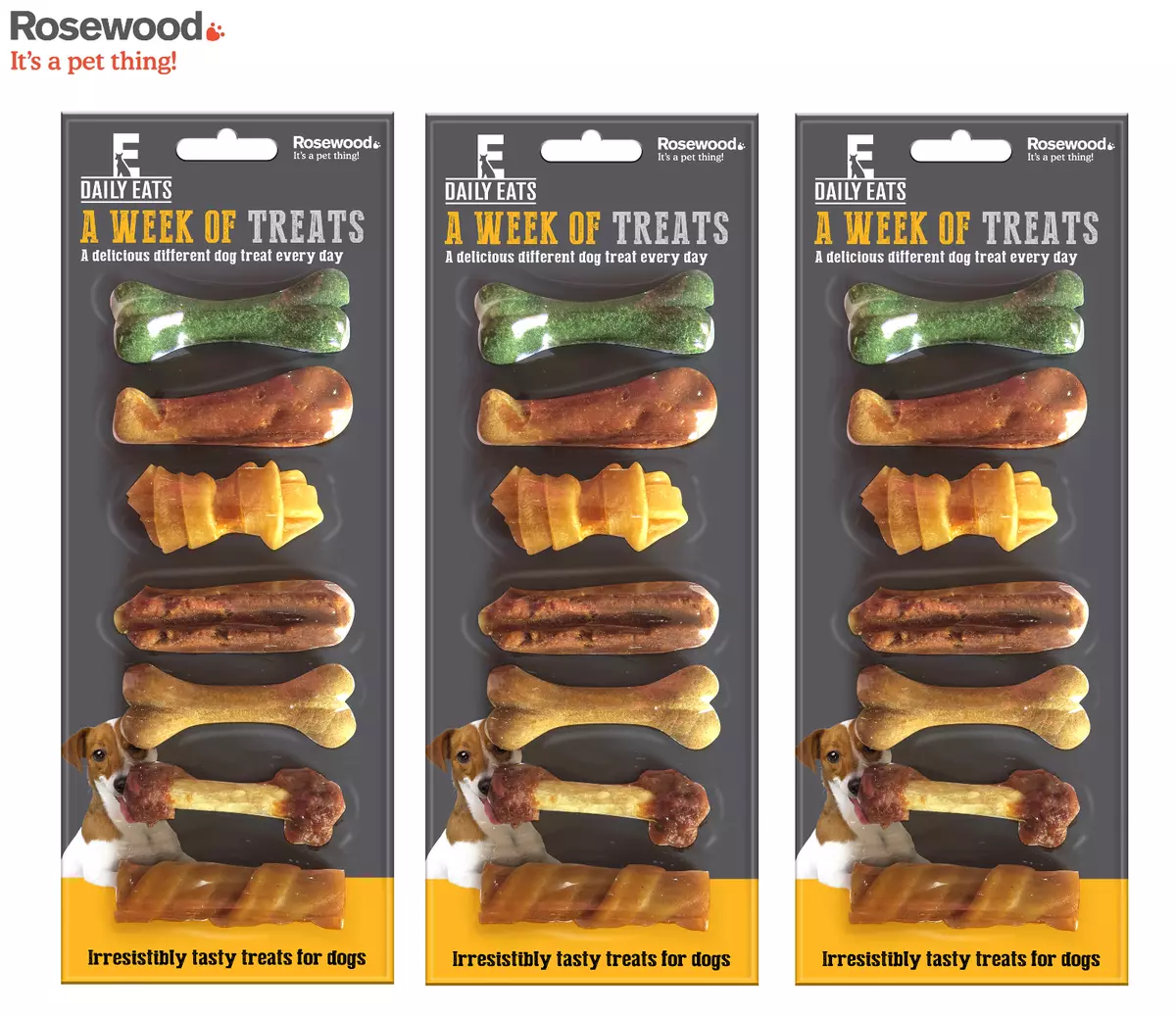 3X ROSEWOOD DAILY EATS WEEK OF TREATS DOG TREATS 7 TASTY BONES CHICKEN MEAT