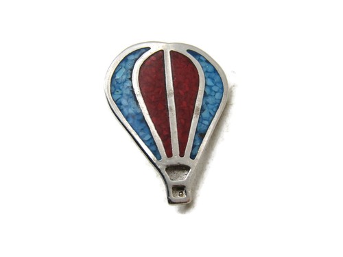 Vintage Southwestern Hot Air Balloon Pin Brooch Turquoise Coral Chip Inlay