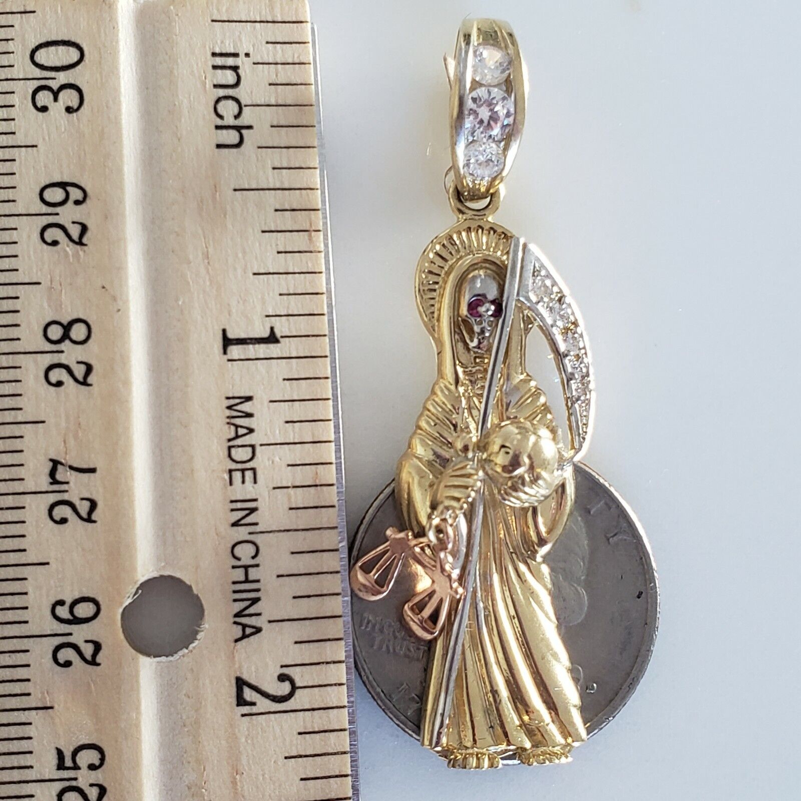 Big real 14k yellow Gold santa muerte grim reaper pendant angel of death  2.75