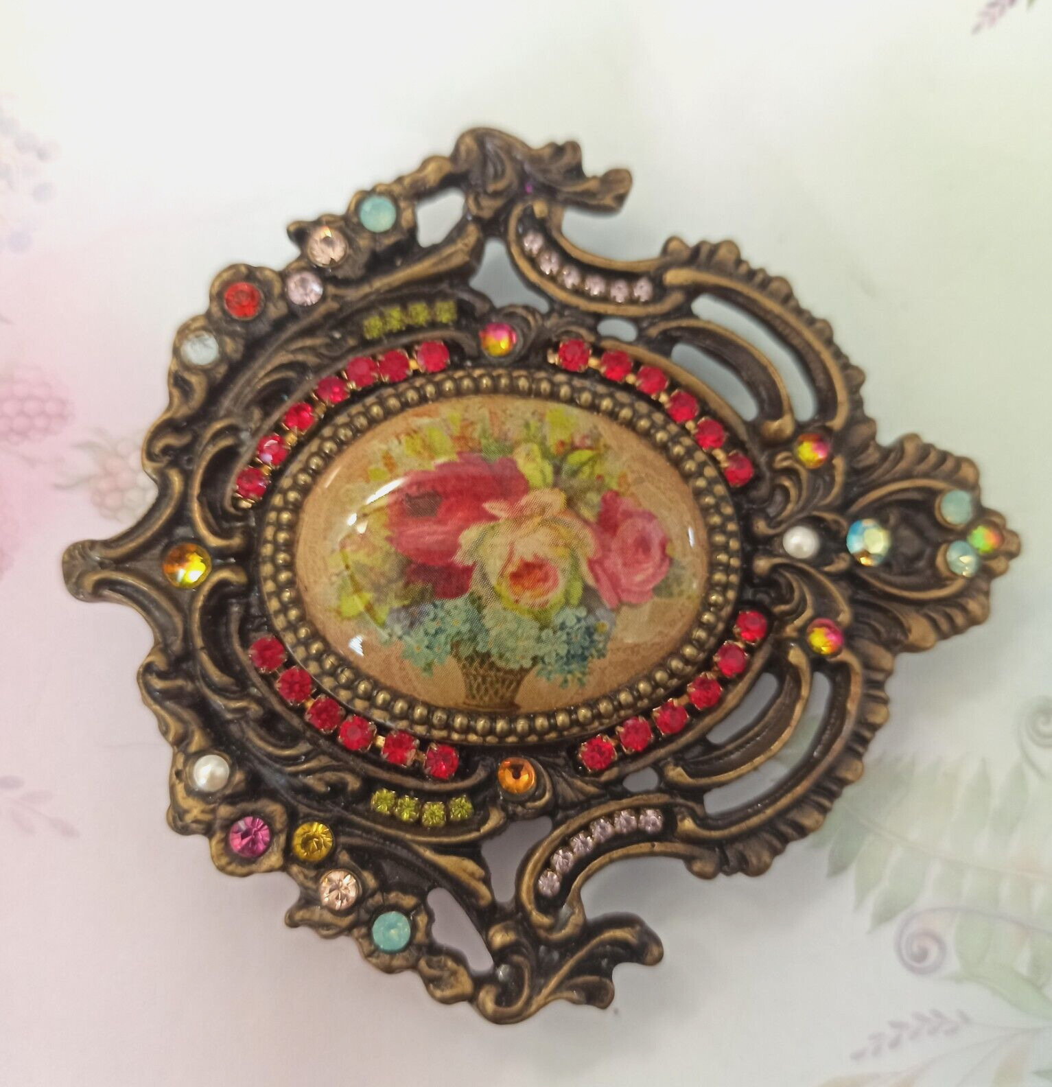 Michal Negrin Belt Buckle Victorian Roses Cabochon With Swarovski Crystals Large