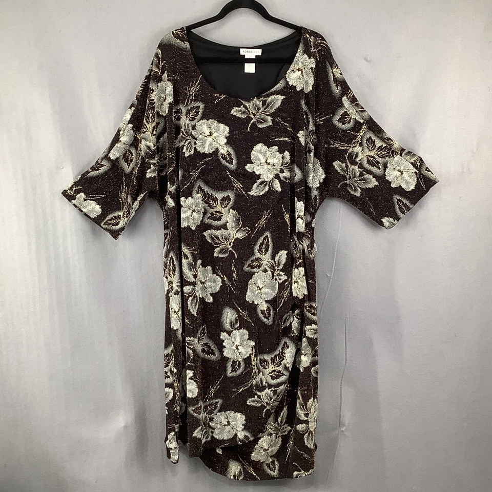 Vintage Robbie Bee Dress Womens 3X Black White Gold Sparkles Stretch Faux Wrap - Image 2 of 4