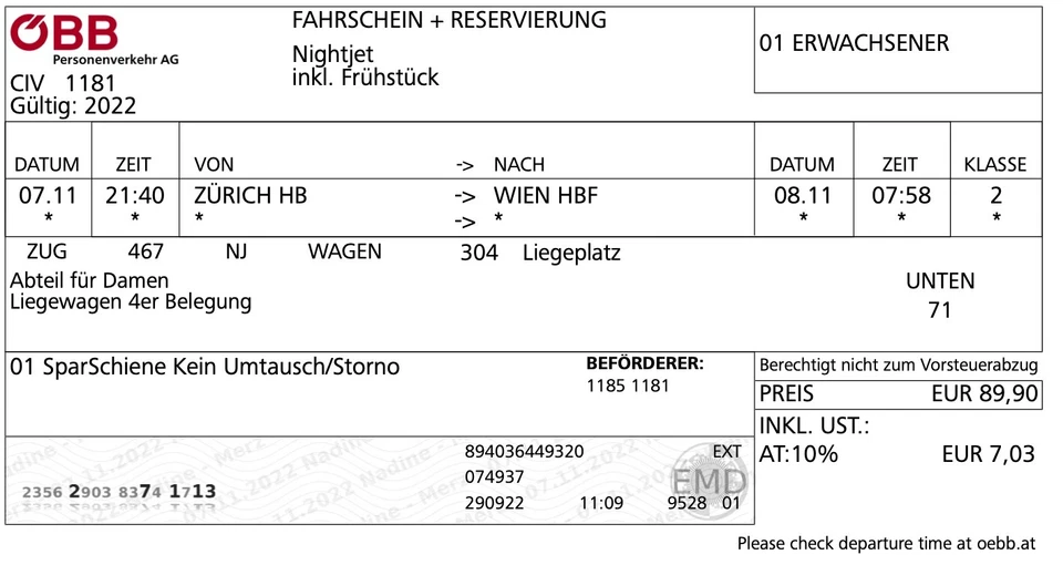 ÖBB Nightjet Zürich-Wien (7-8 November) Damenabteil