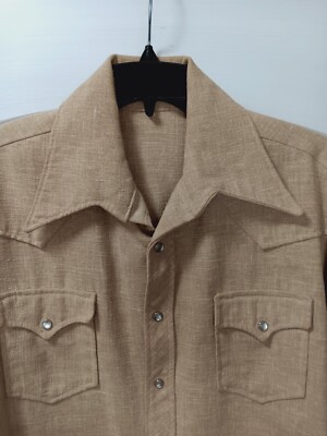【60~70's】 Euro Vintage OPEN COLLAR SHIRT Vtg Western Pearl Snap Shirt Med Tan Long Sleeve Retro 60s 70s