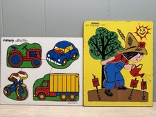Lot of 2 Vtg PLAYSKOOL Wooden Puzzles, It's Fun To Plant  Things With Wheels