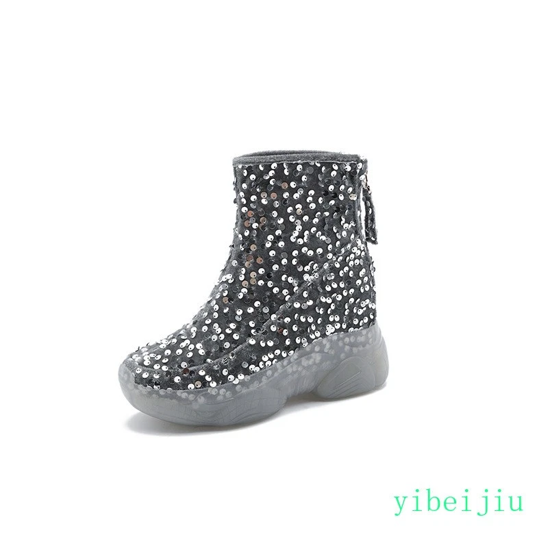 2025 Mujeres Plataforma Botines Invierno Lentejuelas Terciopelo Piel Polar Zapatos Tacón Medio Foto 4 de 4