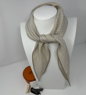 HERMES Losange Mini Neck Scarf 100% Silk Anchor Brown Ivory w/Box Authentic