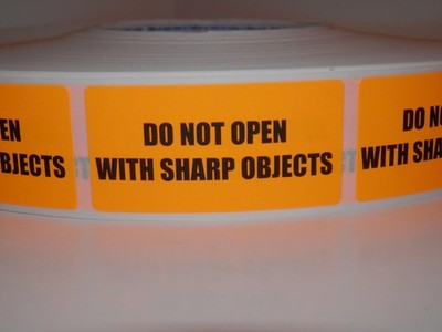 DO NOT OPEN WITH SHARP OBJECTS fluor orange 1x2  Warning Sticker Label 250/rl