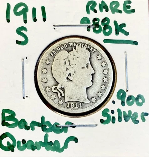 1911-S Barber Quarter - RARE Low Mint 1.0m - .900 Silver US Coin VG