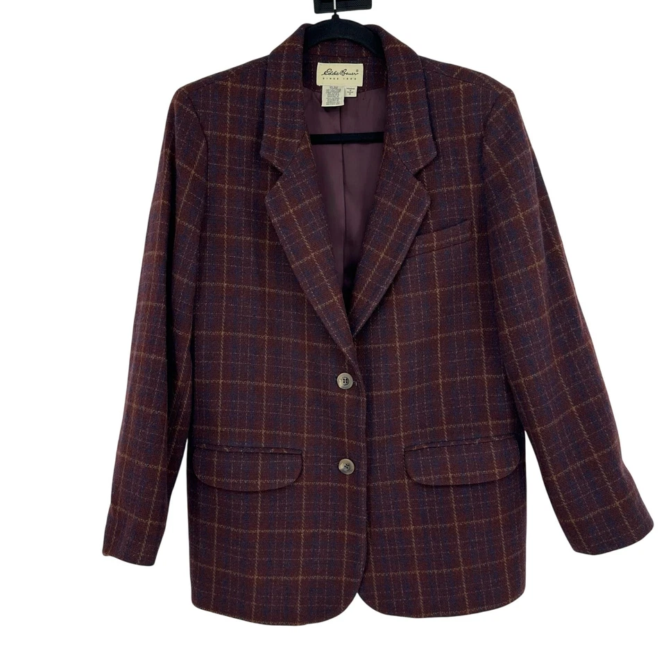 Chaqueta de lana vintage Eddie Bauer para mujer M borgoña a cuadros Preppy Old Money Blazer Foto 2 de 4
