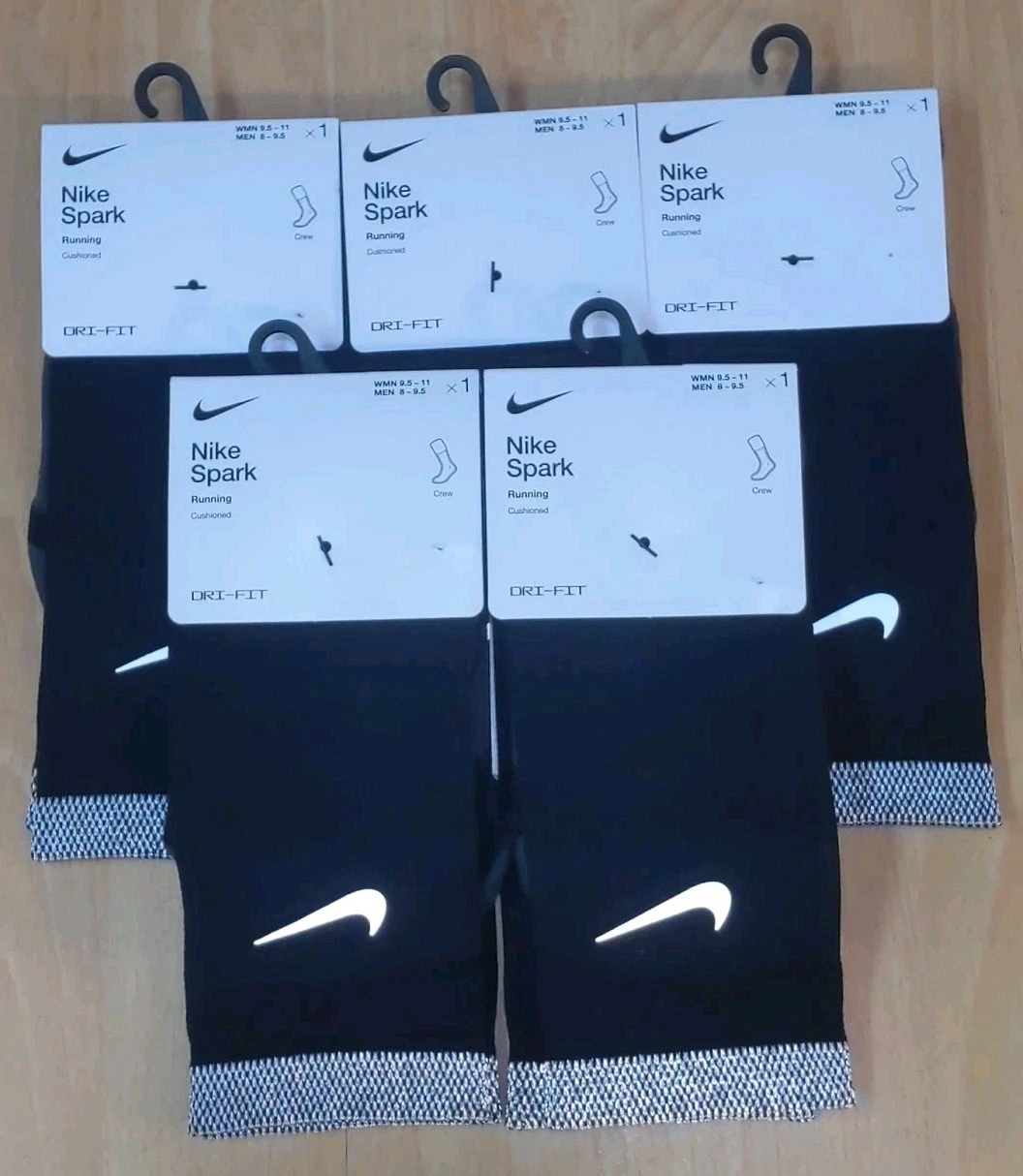 Nike Spark Cushioned Crew Running Socks Black Mens 8-9.5 CU7200-010 5x Pairs New