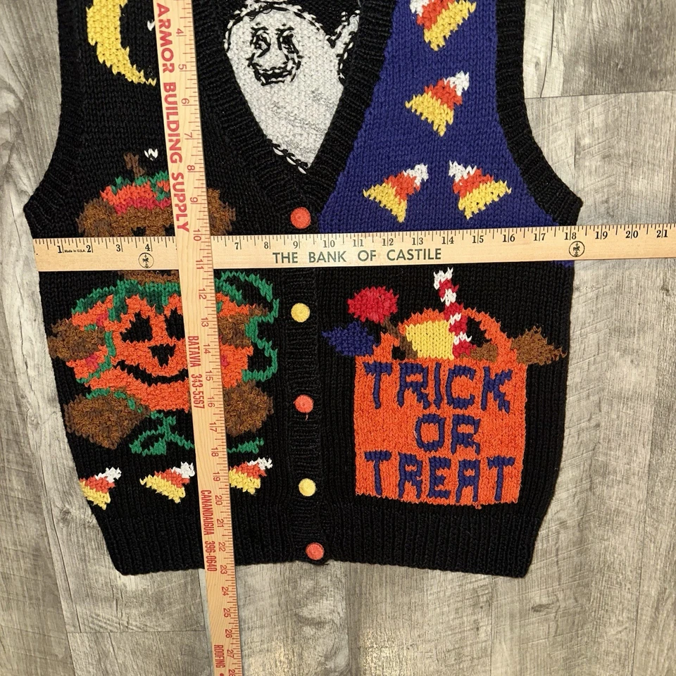 Vintage Halloween Sweater Vest Womens Petite Small Black Ghost Bear Pumpkin - Image 3 of 4