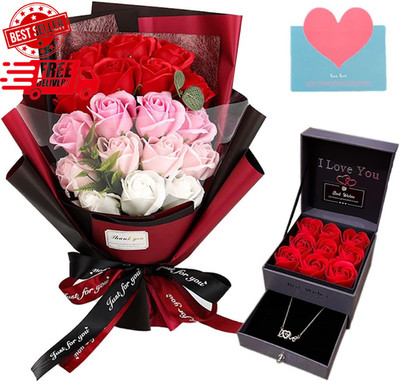 Roses Bouquet Artificial Flower - Preserved Red Rose Flowers with Love Necklace
