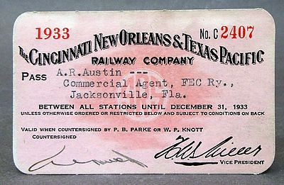 1933 THE CINCINNATI NEW ORLEANS & TEXAS PACIFIC RAILWAY Eisenbahn Zug PASS wb