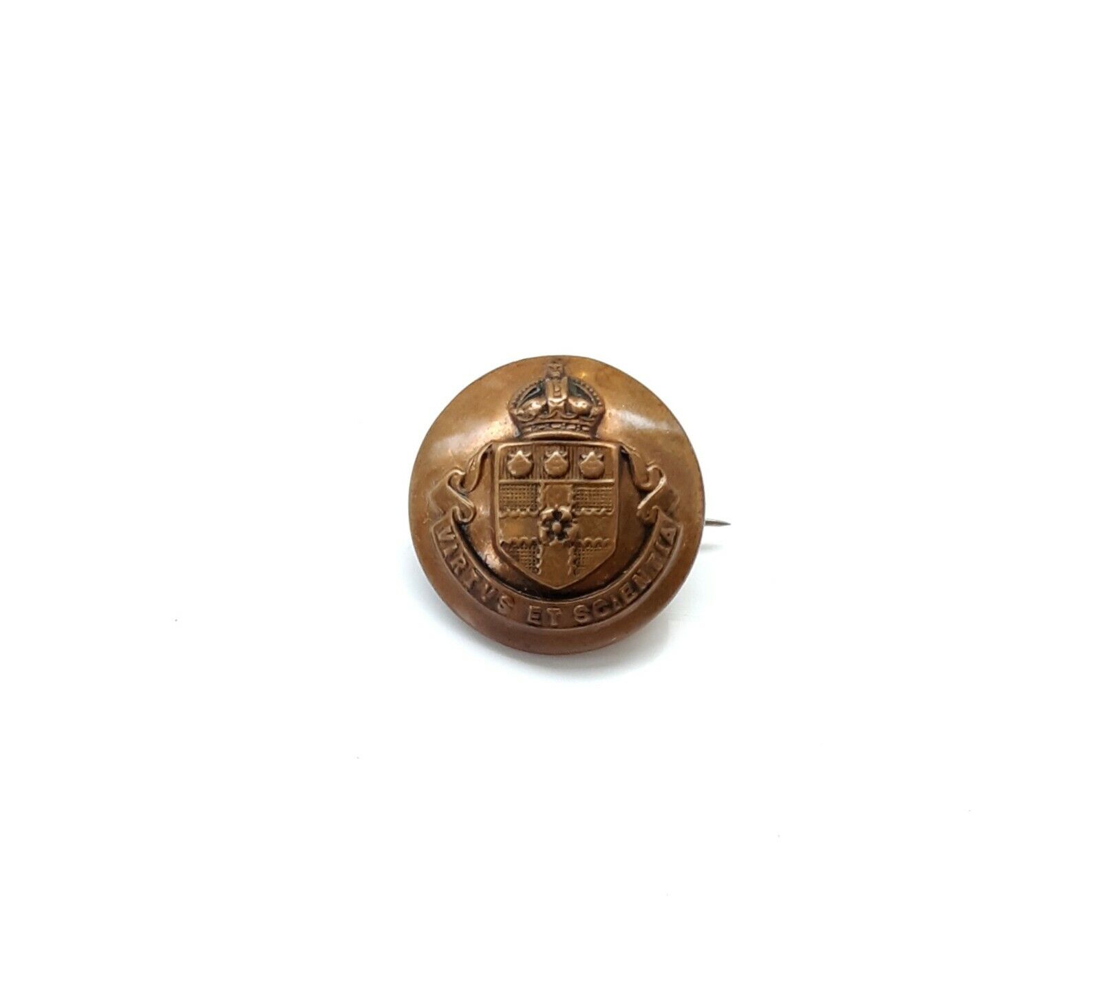 WW1 Brass Trench Art Badge - Converted From a Button - Knowledge Is Power Motto