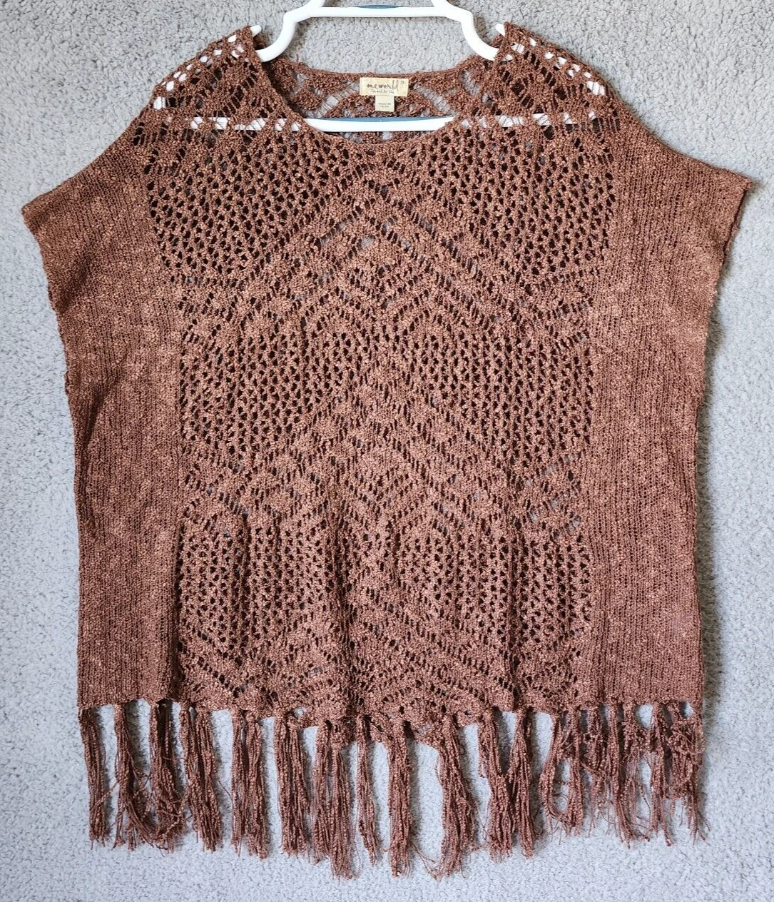 One World Women's Pullover Poncho Open Knit Sweater Cover Up Top Brown Size 1X