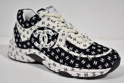 Chanel 22A Black White Suede Printed CC Logo Flat Runner Trainer
