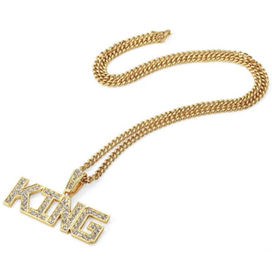Fashion Jewelry Gold Plated KING Bling Rhinestone Pendant Necklace TK1-8