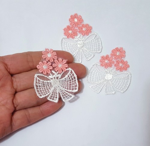 White w/Orange or Coral Pink Flower Lace Patch Motif Appliques Crafts Supply A49 - Picture 11 of 14