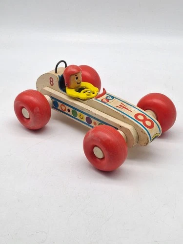 Vintage Fisher Price #8 Bouncy Racer 1960 Pull Toy Red Helmet
