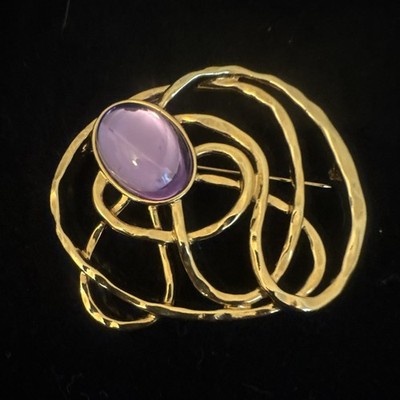 Vintage Amethyst Purple Rhinestone Bronze Gold-tone Brooch Pin