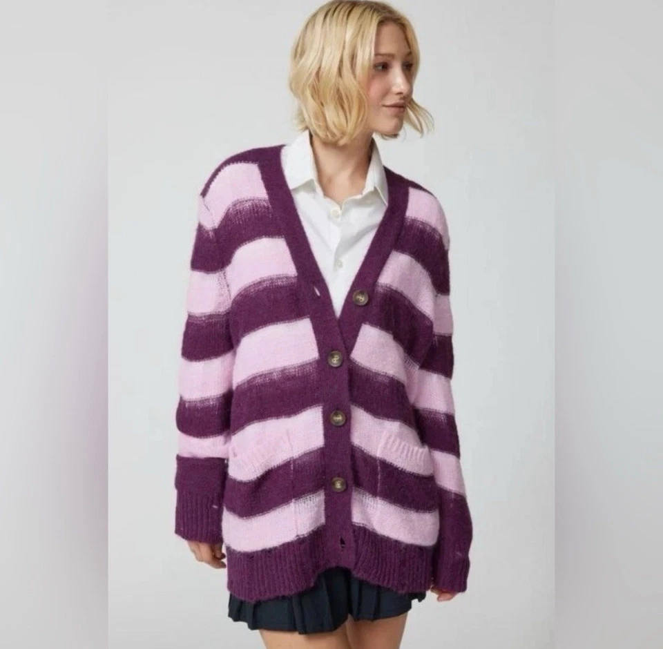 Cárdigan Urban Outfitters a Rayas Rascadas Púrpura Rosa Desgastado Mujer Talla Xs Foto 4 de 4