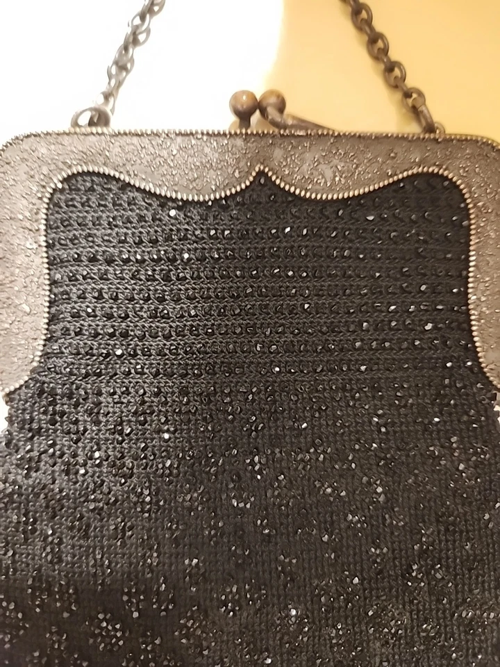 Antique 1920s Black Beaded Purse Velvet Panel Art Deco Evening Bag Kiss Lock - Image 4 of 4