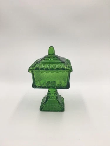 Vintage Green Pressed Glass Covered Pedestal Candy Dish W Lid Depression Style