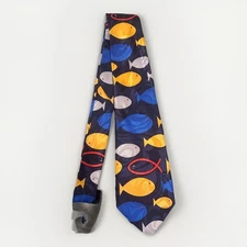Steven Harris Fish Silk Tie Handmade Navy Blue Yellow Christian Ichthys