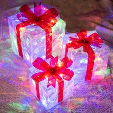 Hourleey Set of 3 Christmas Lighted Gift Boxes, Pre-lit 60 LED Light Up Present 