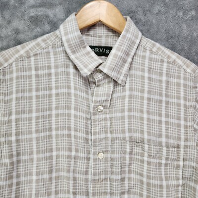 Orvis Shirt Mens Medium Beige Plaid Linen Spread Collar Patch Pocket