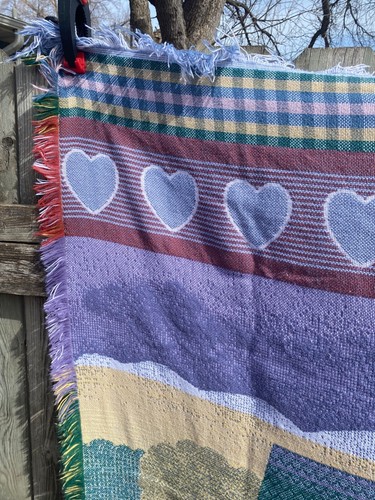 Woven Fringed Heart Flower Tapestry Throw Blue White 47"x 57" Country Farmhouse - Picture 11 of 11
